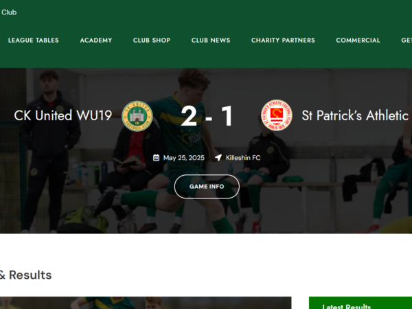 Football club homepage design featuring Kilkenny-based team CK Untied with match schedules and club updates.
