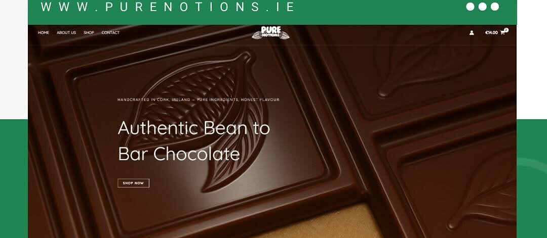 Homepage design for Pure Notions Chocolate, a handmade chocolate maker based in Cork, showcasing artisanal products and elegant branding.