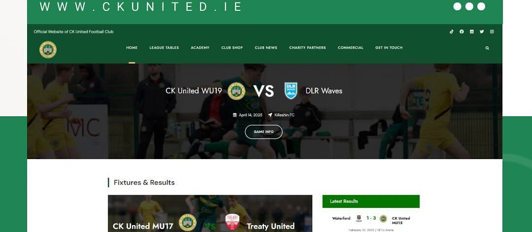Football club homepage design featuring Kilkenny-based team CK Untied with match schedules and club updates.