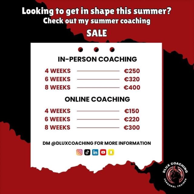 Graphic design for Dlux Coaching, a personal trainer based in Cork, featuring their social media handles.