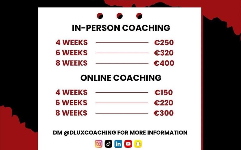 Graphic design for Dlux Coaching, a personal trainer based in Cork, featuring their social media handles.